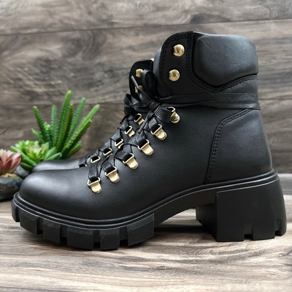 NIB Steve Madden Hint Chunky Lug Sole Black Leather Hiker Combat Boots 8M - Picture 5 of 12